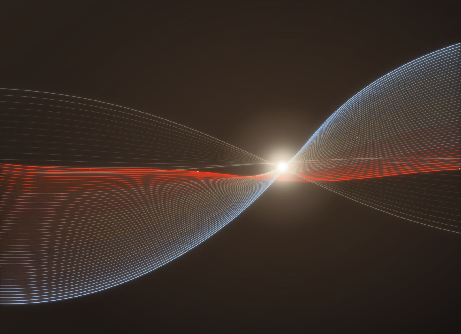 Symbolbild Laserbehandlungen: feine Lichtlinien in Rot und Hellblau bündeln sich in einem hellen Fokuspunkt